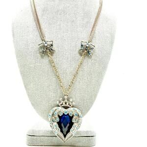 Rare Betsey Johnson 50th Anniversary Winged Blue Heart Rhinestones Neckklace